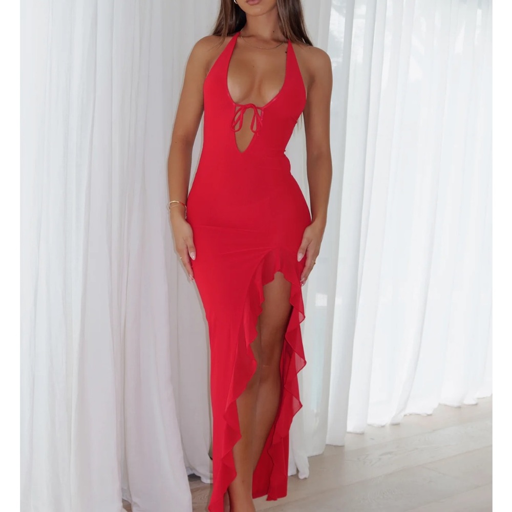 White Fox Boutique Red Backless Halter Gown